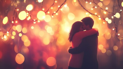 Romantic couple embracing in warm, glowing lights, surrounded by a dreamy bokeh effect, capturing a moment of love, intimacy, and connection during a magical evening setting.