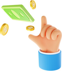 동전, 지폐 3D 렌더링 손 제스처 그림