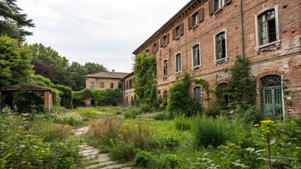 Old brick building with overgrown garden, brick exterior walls, old brick architecture, red brick buildings, vintage brick facades