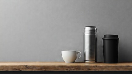 Minimalist coffee setup with thermos and cup on wooden table