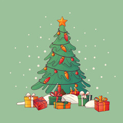 Composition of tree with colorful presents. Decorated Christmas tree with gift boxes, star, lights. Merry Christmas, New Year concept. For card design, poster decoration.