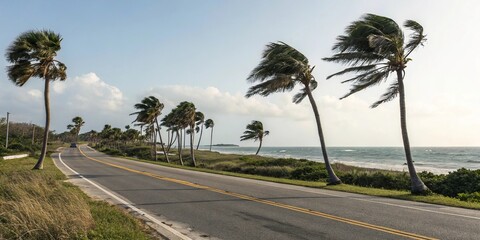 Fototapeta premium Palm trees swaying in the wind along a coastal road, coastline, landscape, vegetation