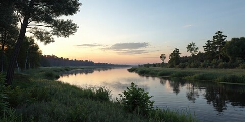 Fototapeta premium Peaceful evening scene with a calm river, misty atmosphere, , riverbank scenery, natural beauty