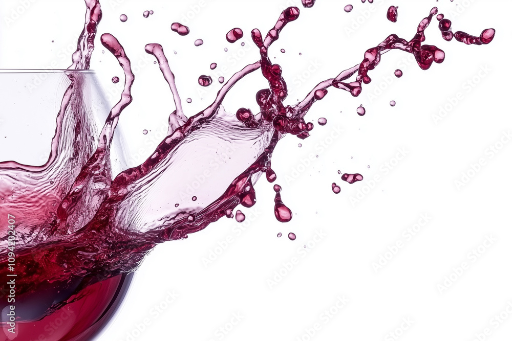 Poster glass of red wine with a splash of liquid on the side. the splash of liquid is in the shape of a wav