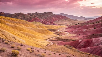 Fototapeta premium Pink landscape with yellow wave-like hills and valleys, hills, pink, scenery, nature, countryside