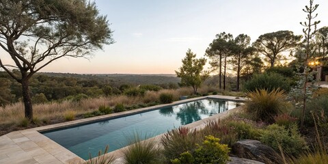 Fototapeta premium Pool surrounded by native plants and trees creating a sense of seclusion, forest atmosphere, natural surroundings, organic landscape, earthy tones