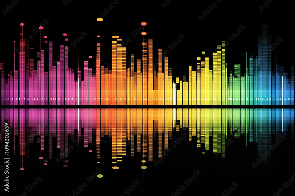 Poster colorful line graph with a rainbow of colors. the graph is a reflection of itself in the water