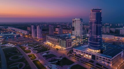 Modern Cityscape at Dusk with Skylines and Buildings