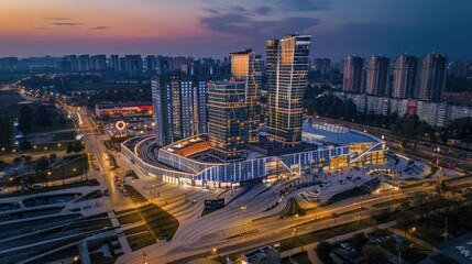 Obraz premium Modern Urban Skyline at Dusk with Illuminated Buildings