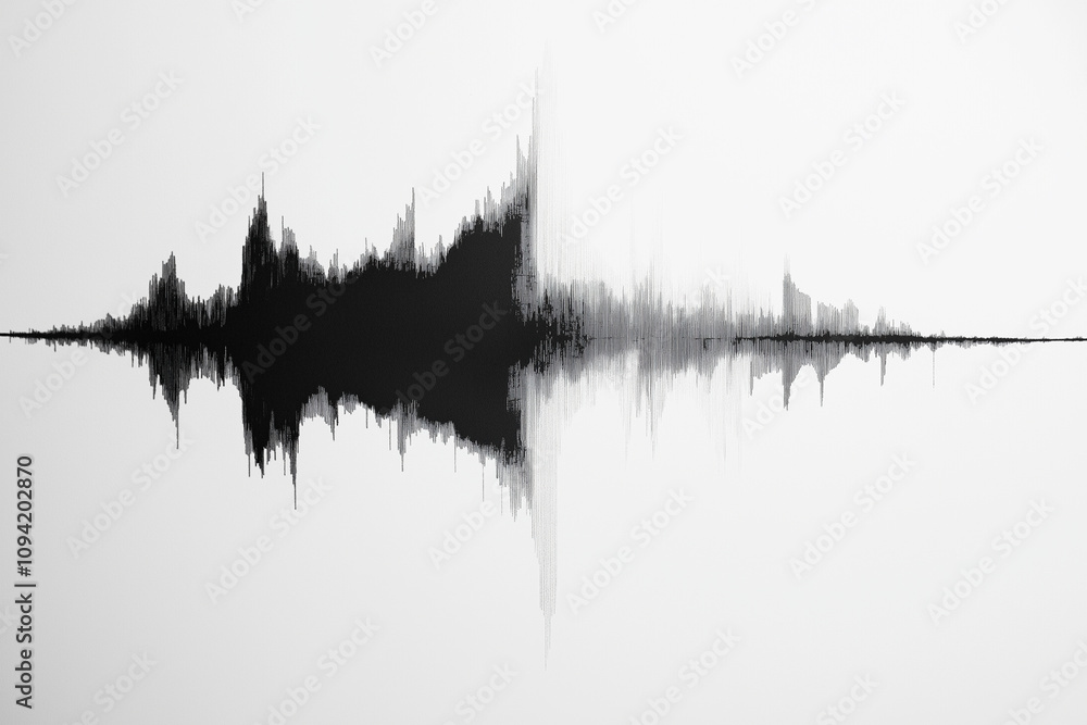 Poster black and white image of a sound wave with a white background. concept of depth and movement, as the