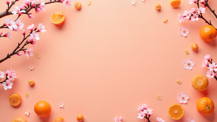 Spring blossom and orange fruits frame on peach background. Concept of Chinese New Year, Lunar New Year, spring, and celebration.