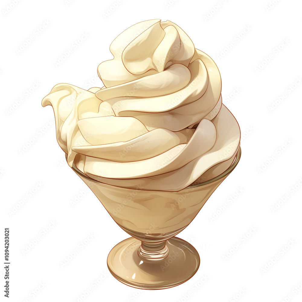 Poster creamy swirl of vanilla soft serve ice cream in glass cup, isolated on white background. smooth text