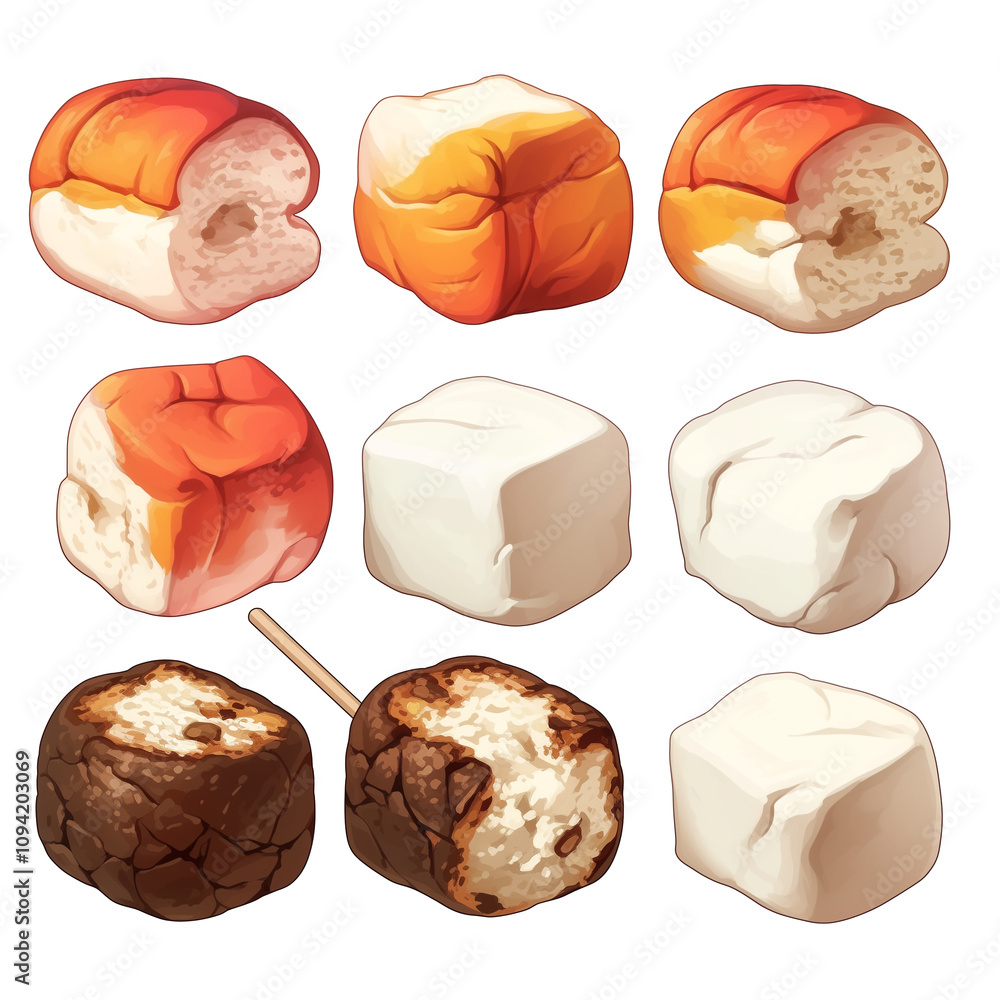 Poster variety of marshmallows, including toasted and plain, are isolated on white background, showcasing d