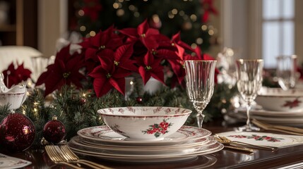 A festive holiday dinner table set for a Christmas meal with fine china, sparkling glassware, and a centerpiece of red poinsettias