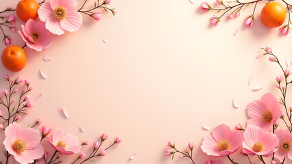 Naklejka premium Pink Flowers and Orange Fruits Frame. Spring or Summer Floral Background. Concept of beauty, freshness, and nature.