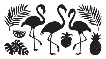 Naklejka premium flamingos and tropical leaves. Flora and fauna.