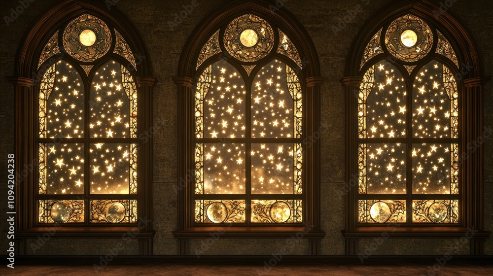 Poster three ornate windows filled with glowing celestial patterns and warm light.