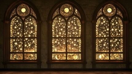 Three ornate windows filled with glowing celestial patterns and warm light.