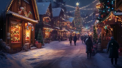 Fototapeta premium A snowy village street illuminated by Christmas lights, with people in winter coats walking by festive storefronts