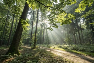 Obraz premium Sunlight filtering through trees on a forest floor, foliage, nature, forest, trees
