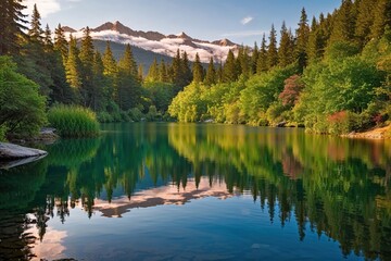 Fototapeta premium Tranquil Lake Scenes: A Collection of Serene Waters and Surrounding Flora