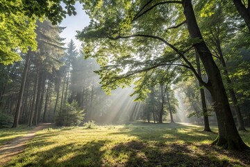 Fototapeta premium Sunlight filtering through trees on a forest floor, light and shadow, foliage, trees, nature, atmospheric conditions