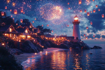 Dynamic New Year Fireworks Above a Serene Coastal Village