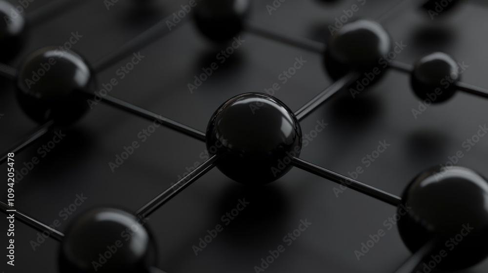 Poster abstract black spheres interconnected by lines, forming a network structure on a dark background.