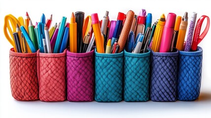 Colorful stationery holders with various office supplies