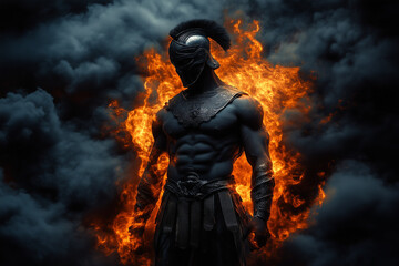 A Spartan warrior in armor standing in fire and smoke background.