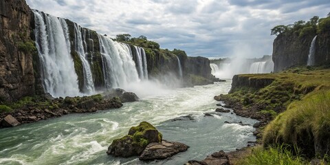 Fototapeta premium The sound of rushing water fills the air as the falls cascade down a steep rock face, waterfall, rock formation, noise, geology, rushing water