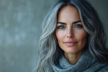 Naklejka premium Portrait of a woman with gray hair in a cozy scarf displaying a calm demeanor and gentle smile