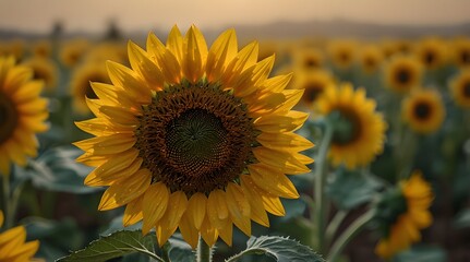 Fototapeta premium A field of sunflowers, bathed in warm sunlight, evokes joy and optimism. Each golden bloom, a beacon of hope, sways in the gentle breeze
