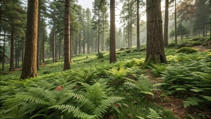 Trees standing amidst a carpet of ferns, woodland undergrowth, fern-covered forest floor, natural scenery, verdant greens