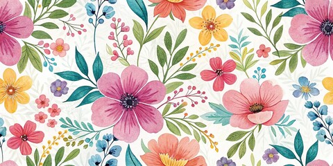 Vibrant floral watercolor seamless pattern with colorful blooms summer decoration print for wrapping wallpaper fabric, bright flower pattern, fresh and airy