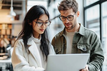 Young professionals collaborating in bright modern office using laptop