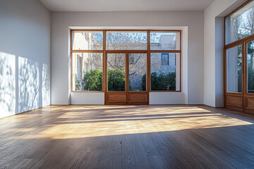 Fototapeta premium Spacious room with large windows allowing natural light to illuminate the wooden floor