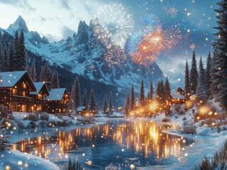Breathtaking Midnight Fireworks Display Over a Snow-Covered Mountain Landscape for 2025