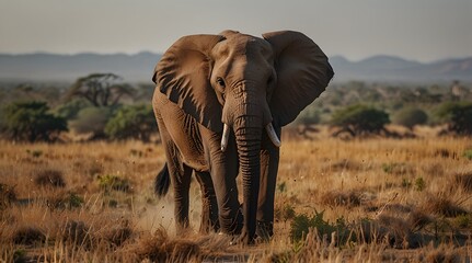 Obraz premium A close-knit family of elephants, their trunks entwined, moves gracefully across the golden grasslands, showcasing the strength of familial ties