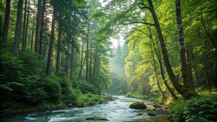 Obraz premium Water flows gently through the heart of a lush forest surrounded by tall trees with emerald green leaves and soft sunlight filtering down through the canopy above, water, nature, foliage forest