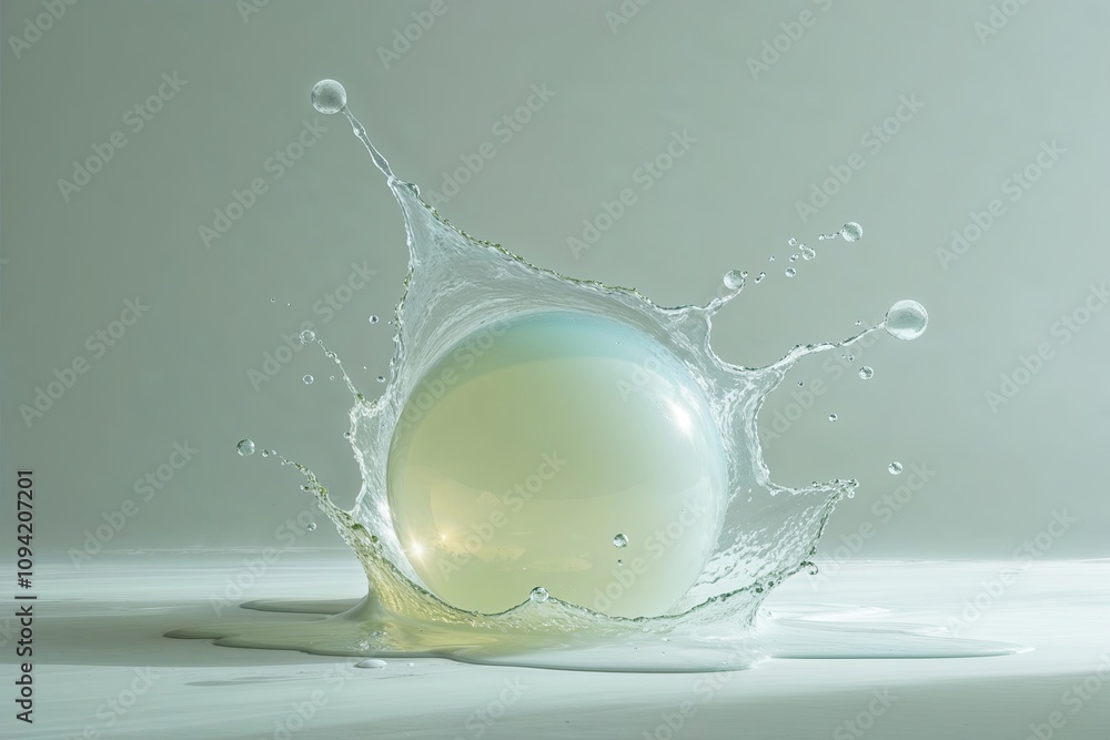 Poster translucent splash in orb-like morphology on a soft white canvas