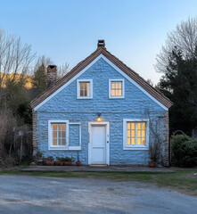 Charming blue cottage with warm lights in serene countryside setting during dusk