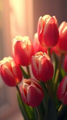 Fototapeta premium Beautiful bouquet of pink tulips illuminated by soft sunlight near a window