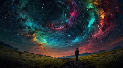 Fototapeta premium A breathtaking panorama of a starry night sky, with a lone figure walking towards the horizon, evoking a sense of wonder and solitude