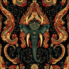 Fototapeta premium Thai Myth-Inspired Creatures with Decorative Patterns and Vibrant Details, Creating a Seamless Folklore-Inspired Design