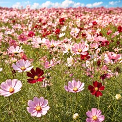 Naklejka premium 青空に映えるコスモス畑