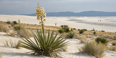Yucca gloriosa plant in a dry desert landscape with long thin sword-shaped leaves and flowers, desert, rock, flower, floral, yucca