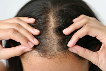 Fototapeta premium Concerned Woman Showing Hair Loss, Thinning Hair On Scalp, Alopecia Concept, White Background