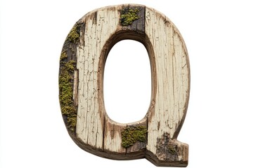 Bold rustic wooden capital letter Q, aged oak wood, moss growing in crevices, white background