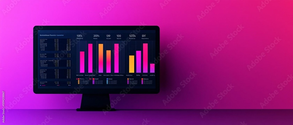 Poster modern computer monitor displaying colorful graphs and data in purple and pink tones, ideal for tech
